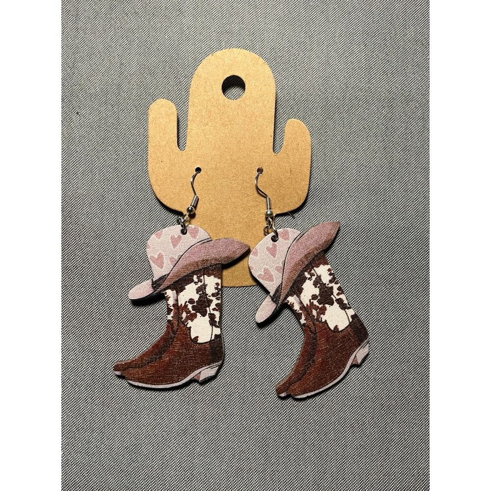 Pink Brown Cowboy Boot Earrings